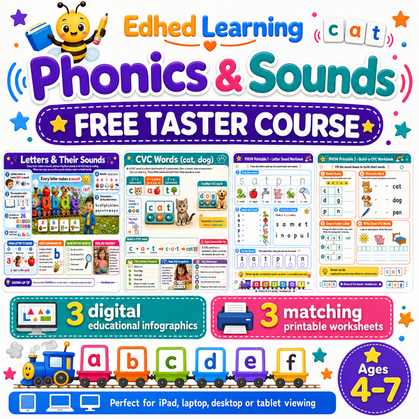 Phonics and Sounds free taster course with 3 infographics and 3 printable worksheets for ages 4 to 7