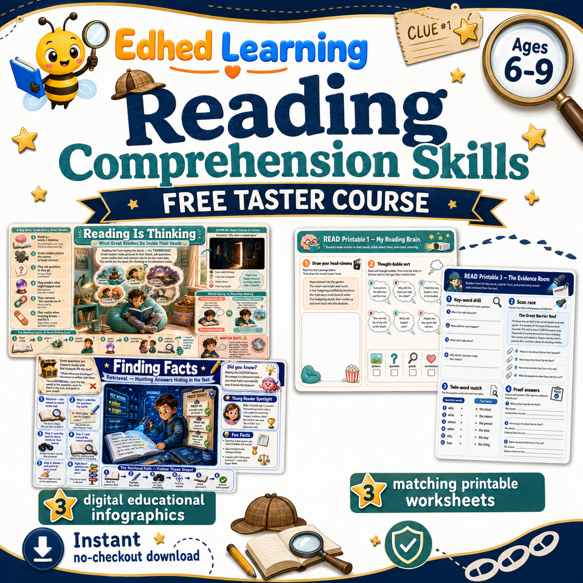 Reading Comprehension Skills free taster course with 3 infographics and 3 printable worksheets for ages 6 to 9