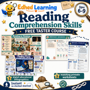 Reading Comprehension Skills free taster course with 3 infographics and 3 printable worksheets for ages 6 to 9
