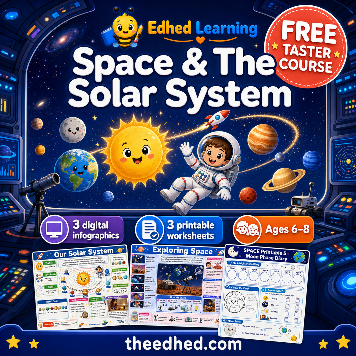 Free Space and the Solar System taster course with 3 infographics and 3 printable worksheets for ages 6 to 8
