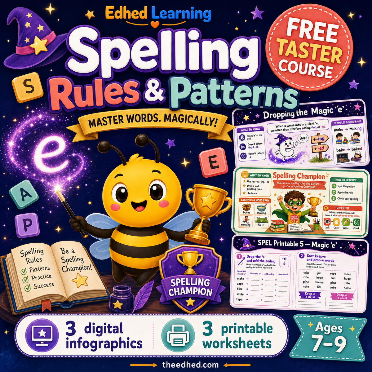 Spelling Rules and Patterns free taster course with 3 infographics and 3 printable worksheets for ages 7 to 9