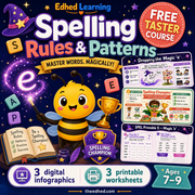 Spelling Rules and Patterns free taster course with 3 infographics and 3 printable worksheets for ages 7 to 9