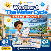 Free Weather and the Water Cycle taster course with 3 infographics and 3 printable worksheets for ages 6 to 8