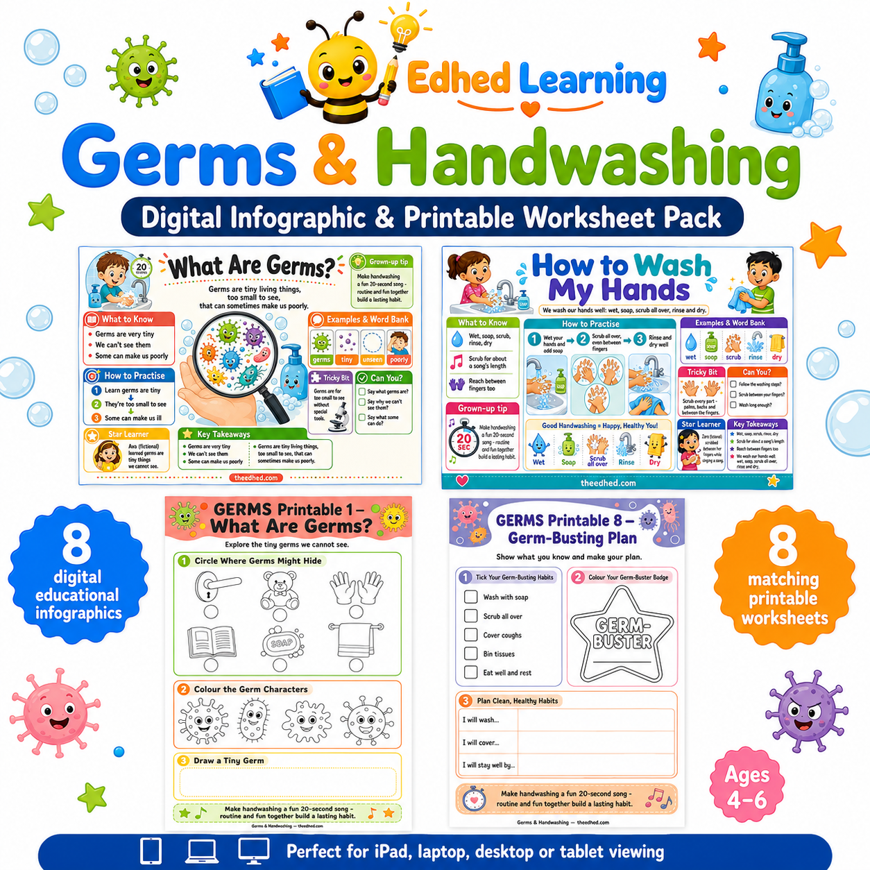 Germs & Handwashing digital infographic and printable worksheet pack for ages 4–6