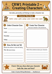A4 Creating Characters printable worksheet with drawing and writing activities for ages 6-7