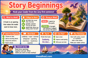 Story Beginnings infographic teaching strong opening hooks for Grade 1 creative writing