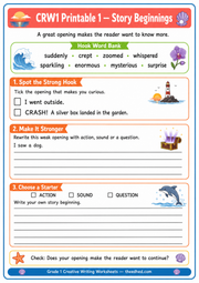 A4 Story Beginnings printable worksheet with hook practice for ages 6-7