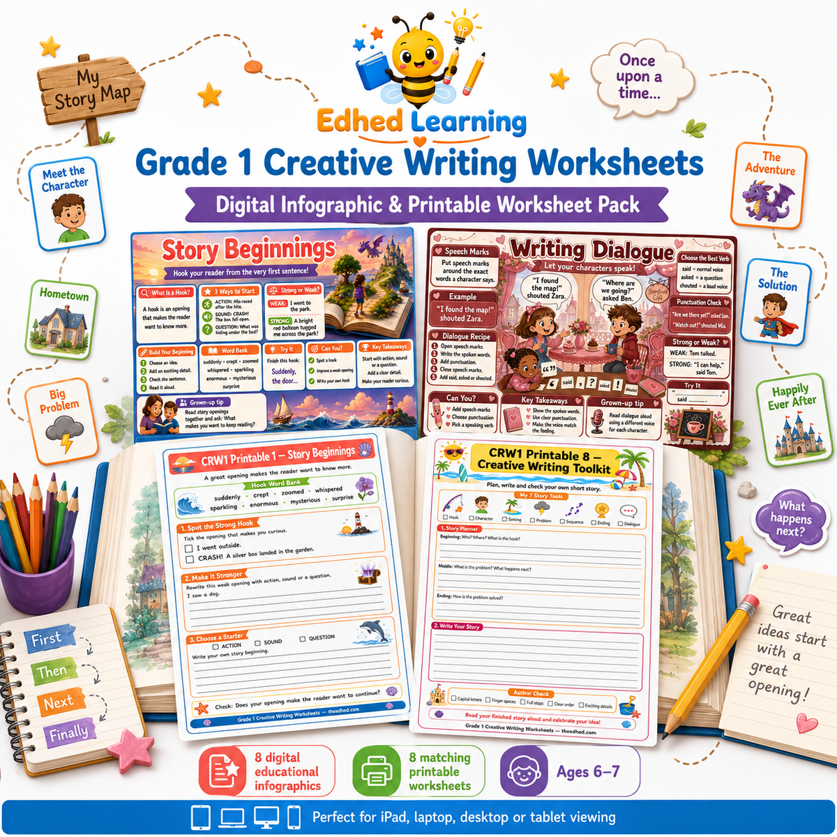 Grade 1 Creative Writing Worksheets digital course with 8 infographics and 8 A4 printables for ages 6-7