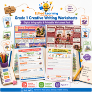 Grade 1 Creative Writing Worksheets digital course with 8 infographics and 8 A4 printables for ages 6-7