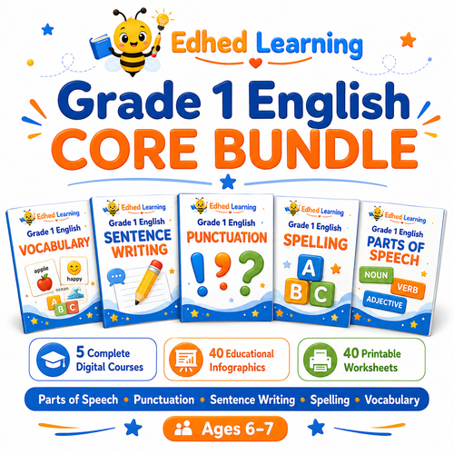 Edhed Learning Grade 1 English Core Bundle with five digital courses, 40 educational infographics and 40 printable worksheets for ages 6 to 7
