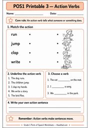 Grade 1 Parts of Speech printable worksheet about action verbs