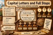Grade 1 sentence writing infographic about capitals and full stops
