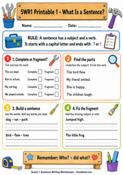 Grade 1 sentence writing printable worksheet explaining a sentence
