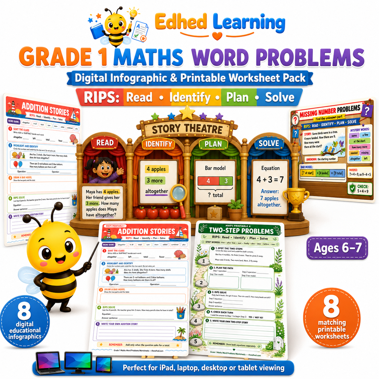 Grade 1 maths word problems digital course with 8 infographics and 8 printable worksheets for ages 6 to 7