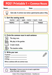 A4 printable common nouns worksheet for Grade 1 children