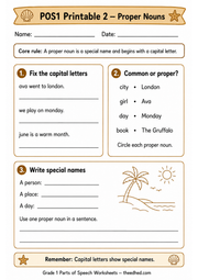 A4 printable proper nouns and capital letters worksheet for Grade 1 children