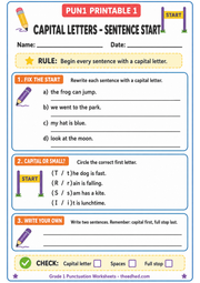 Capital letters at sentence starts Grade 1 A4 printable worksheet