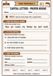 Proper nouns and capital letters Grade 1 A4 printable worksheet