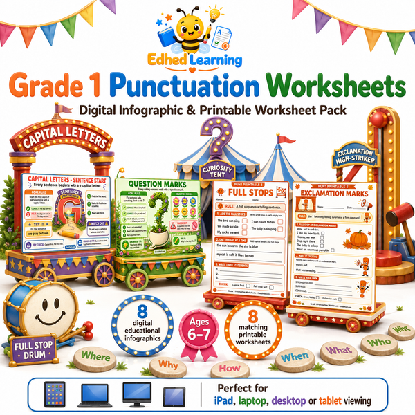 Grade 1 Punctuation Worksheets digital course and printable worksheet pack for ages 6-7