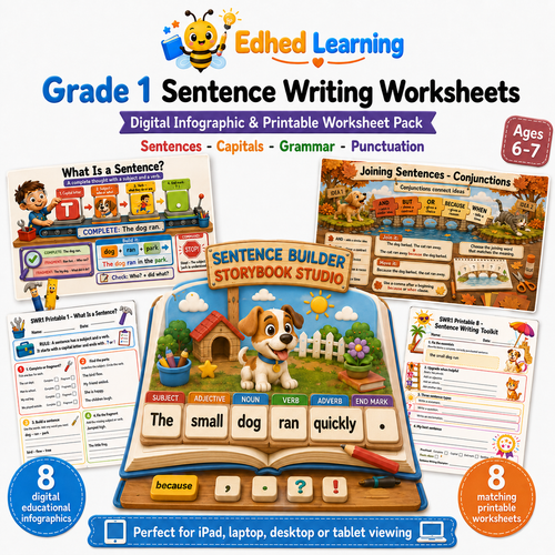Grade 1 sentence writing worksheets digital course with 8 infographics and 8 printable worksheets for ages 6 to 7