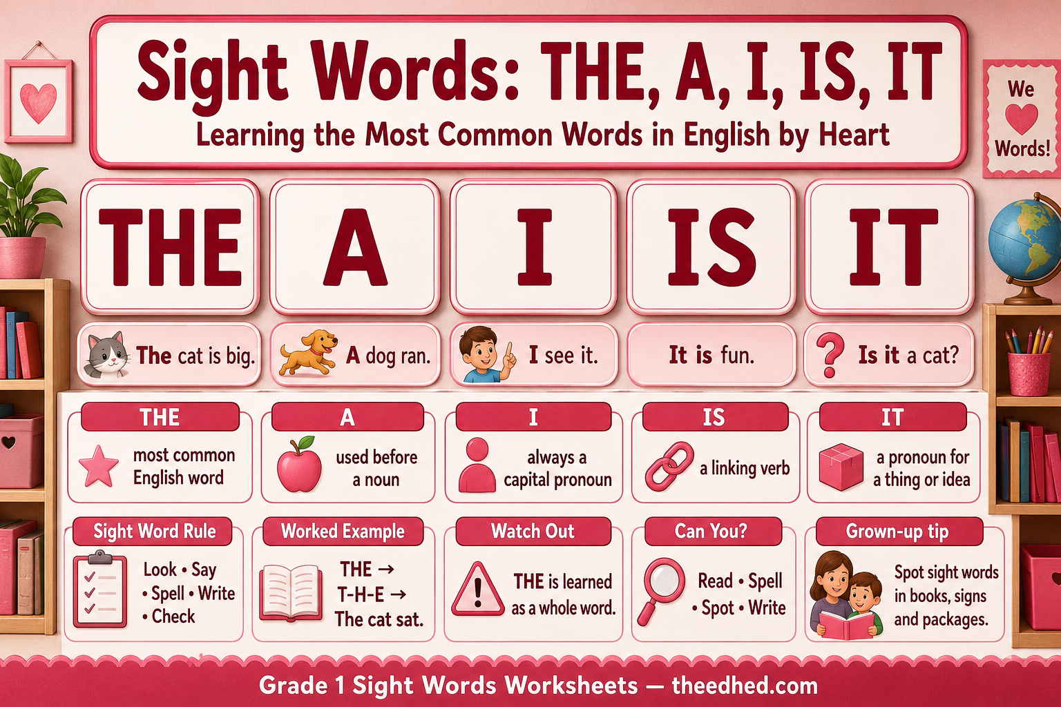 Sight word infographic teaching THE, A, I, IS and IT with colourful Grade 1 examples
