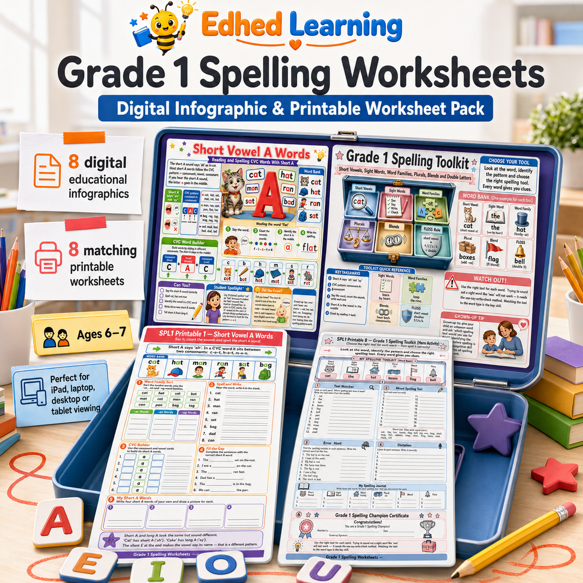 Grade 1 spelling worksheets digital course with 8 infographics and 8 printable activities for ages 6 to 7