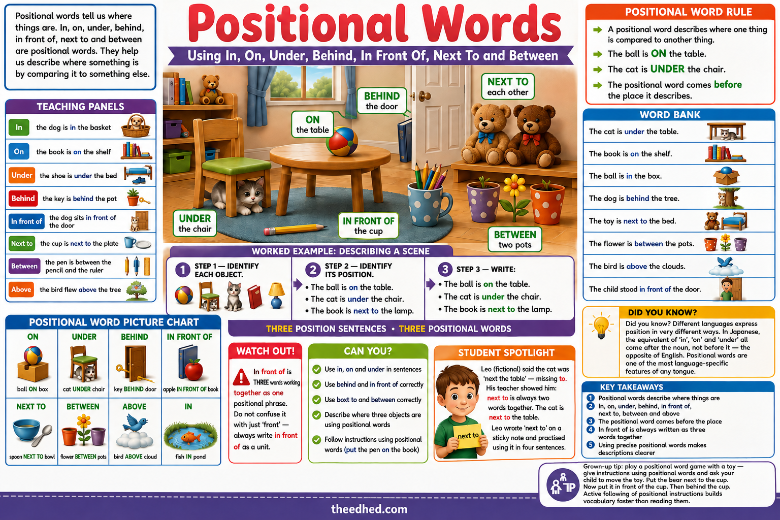 Grade 1 positional words infographic showing in, on, under, next to, behind and in front of