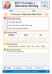 A4 Narrative Writing worksheet with story order planning and writing activities for Grade 1