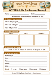 A4 Personal Recount worksheet with memory timeline past tense and writing activities for Grade 1