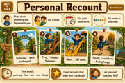 Personal Recount infographic teaching first person past tense and time order for Grade 1