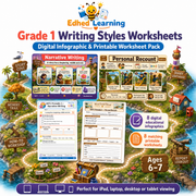 Grade 1 Writing Styles Worksheets digital course with 8 infographics and 8 printable worksheets for ages 6 to 7