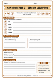 A4 Sensory Description printable worksheet for Grade 2 writers