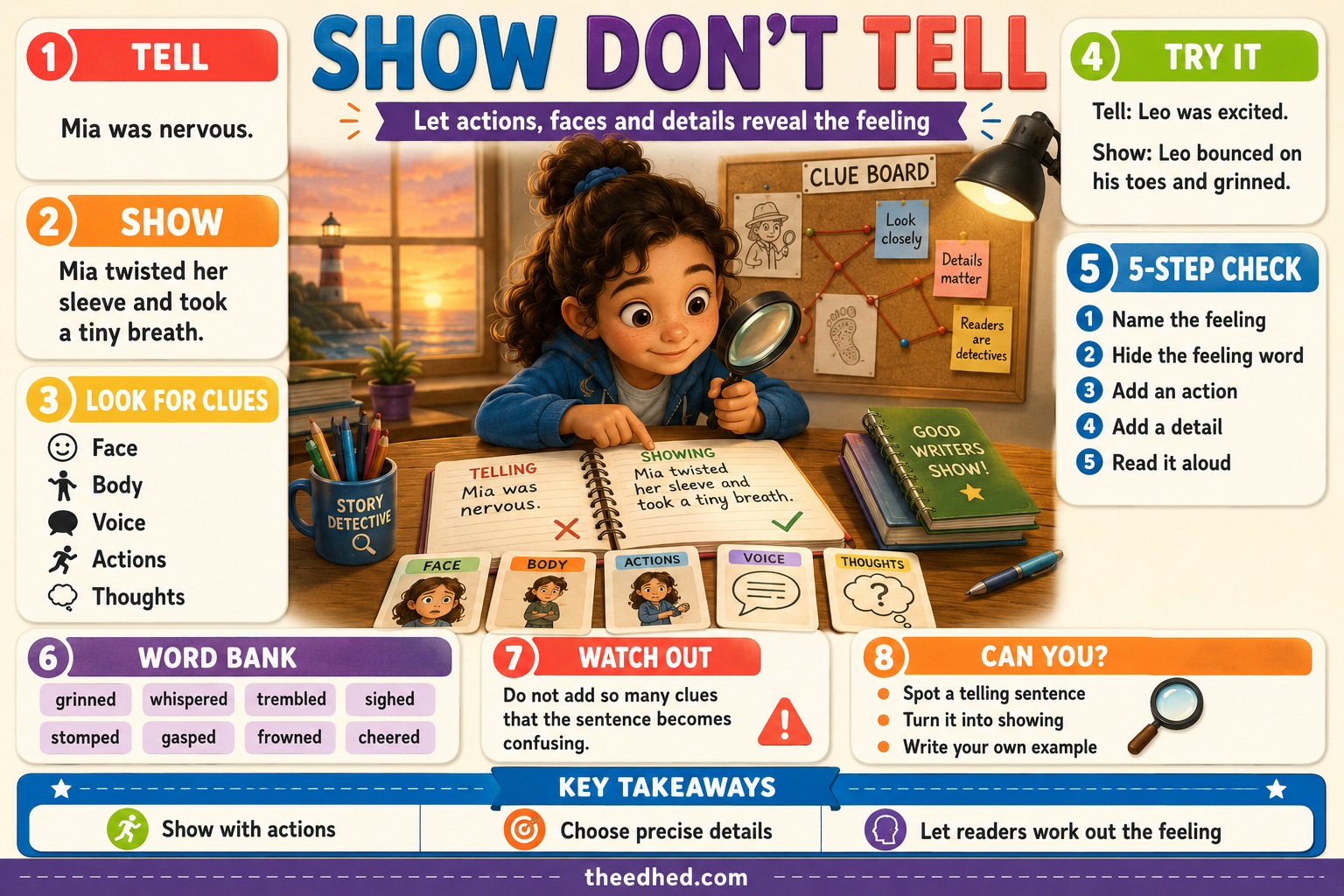 Show Don't Tell Grade 2 creative writing infographic for ages 7 to 8
