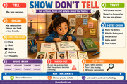 Show Don't Tell Grade 2 creative writing infographic for ages 7 to 8
