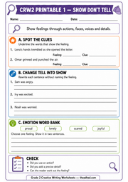 A4 Show Don't Tell printable worksheet for Grade 2 creative writing practice