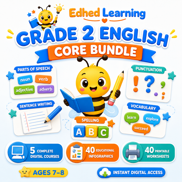 Edhed Learning Grade 2 English Core Bundle with five digital courses, 40 educational infographics and 40 printable worksheets for ages 7 to 8