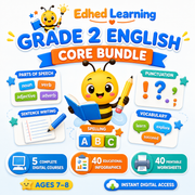 Edhed Learning Grade 2 English Core Bundle with five digital courses, 40 educational infographics and 40 printable worksheets for ages 7 to 8