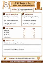 Grade 2 punctuation printable worksheet about commas after fronted adverbials