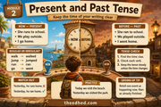 Grade 2 sentence writing infographic about present and past tense