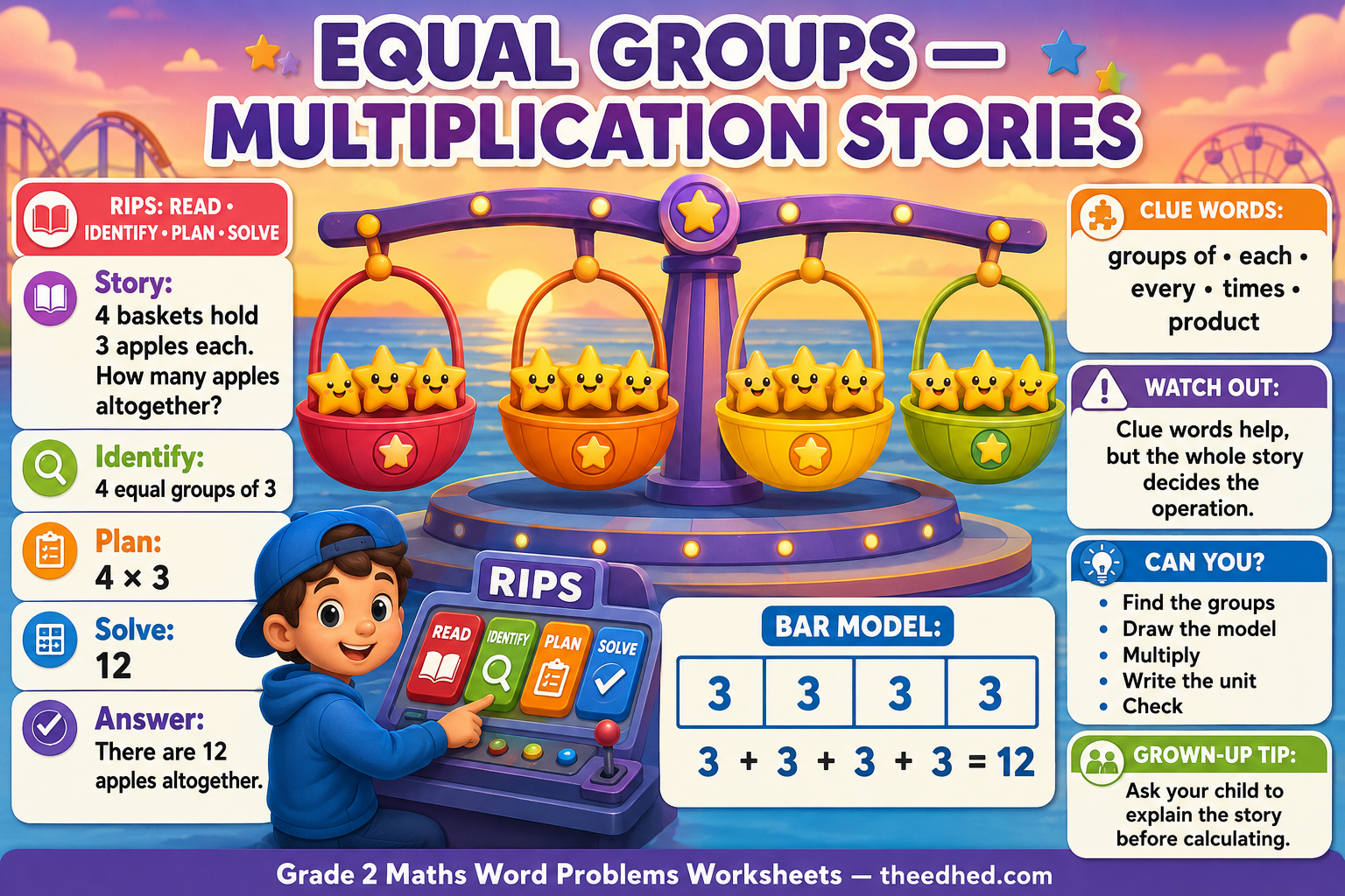 Equal groups multiplication stories infographic with the RIPS strategy for Grade 2 maths word problems