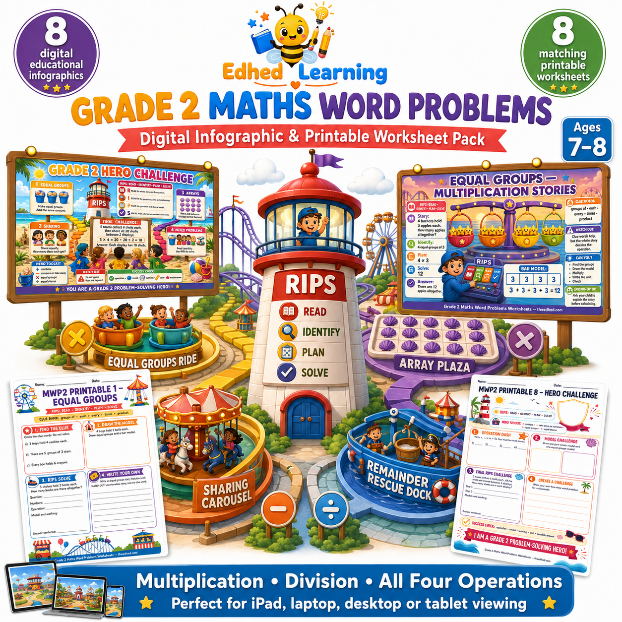 Grade 2 Maths Word Problems Worksheets digital course with 8 infographics and 8 printable activities for ages 7 to 8