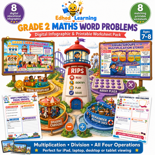 Grade 2 Maths Word Problems Worksheets digital course with 8 infographics and 8 printable activities for ages 7 to 8