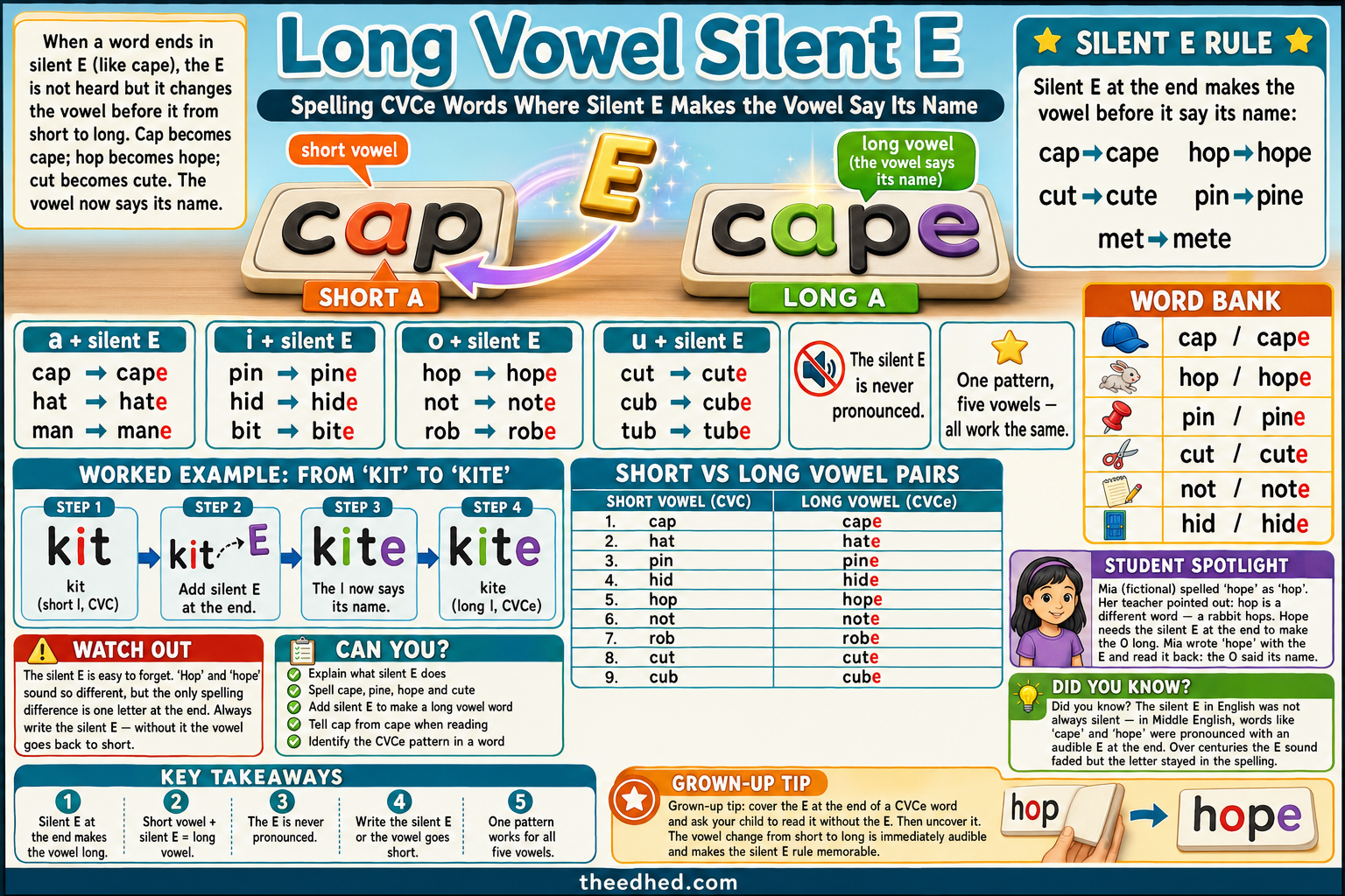 Grade 2 long vowel silent E spelling infographic