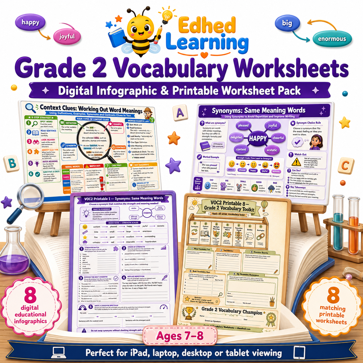 Grade 2 Vocabulary Worksheets digital infographic and printable worksheet pack for ages 7 to 8