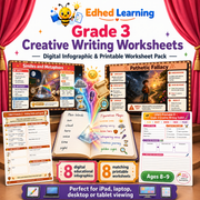 Grade 3 Creative Writing Worksheets digital course with 8 infographics and 8 A4 printable worksheets for ages 8 to 9
