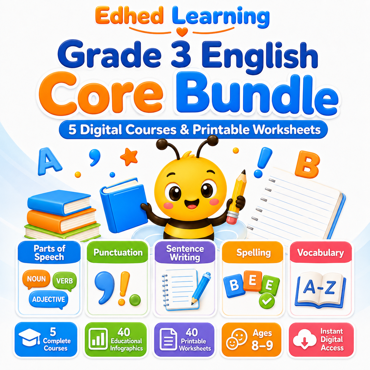 Grade 3 English Core Bundle – 5 digital courses and printable worksheets