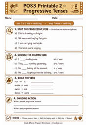 A4 printable Grade 3 progressive tenses worksheet with helping verb and writing practice
