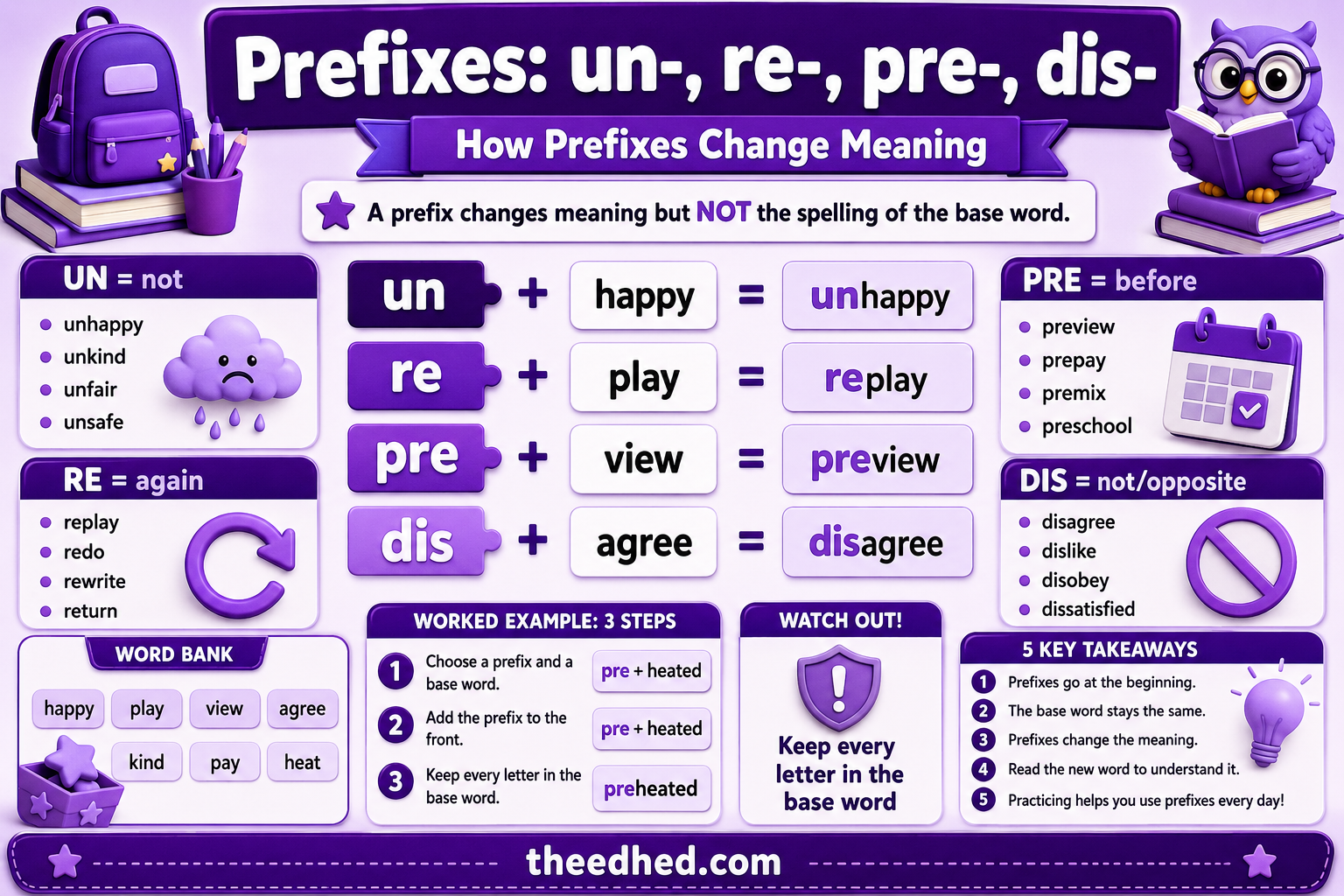 Grade 3 prefixes un re pre dis educational infographic