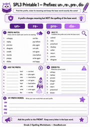 Grade 3 prefixes printable worksheet for ages 8 to 9