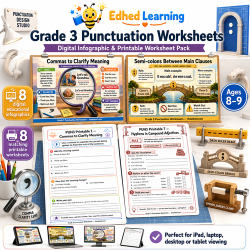 Grade 3 Punctuation Worksheets digital infographic and printable worksheet pack for ages 8 to 9